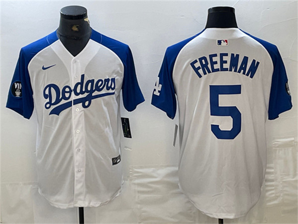 Los Angeles Dodgers #5 Freddie Freeman White Blue Vin Patch Cool Base Stitched Jersey - Click Image to Close